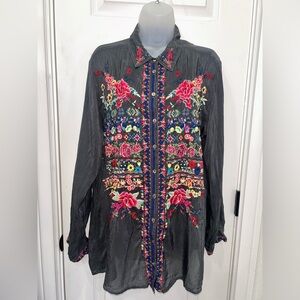 Johnny Was Charcoal Blouse Tunic Multicolor Floral Embroidery Long Sleeve PM